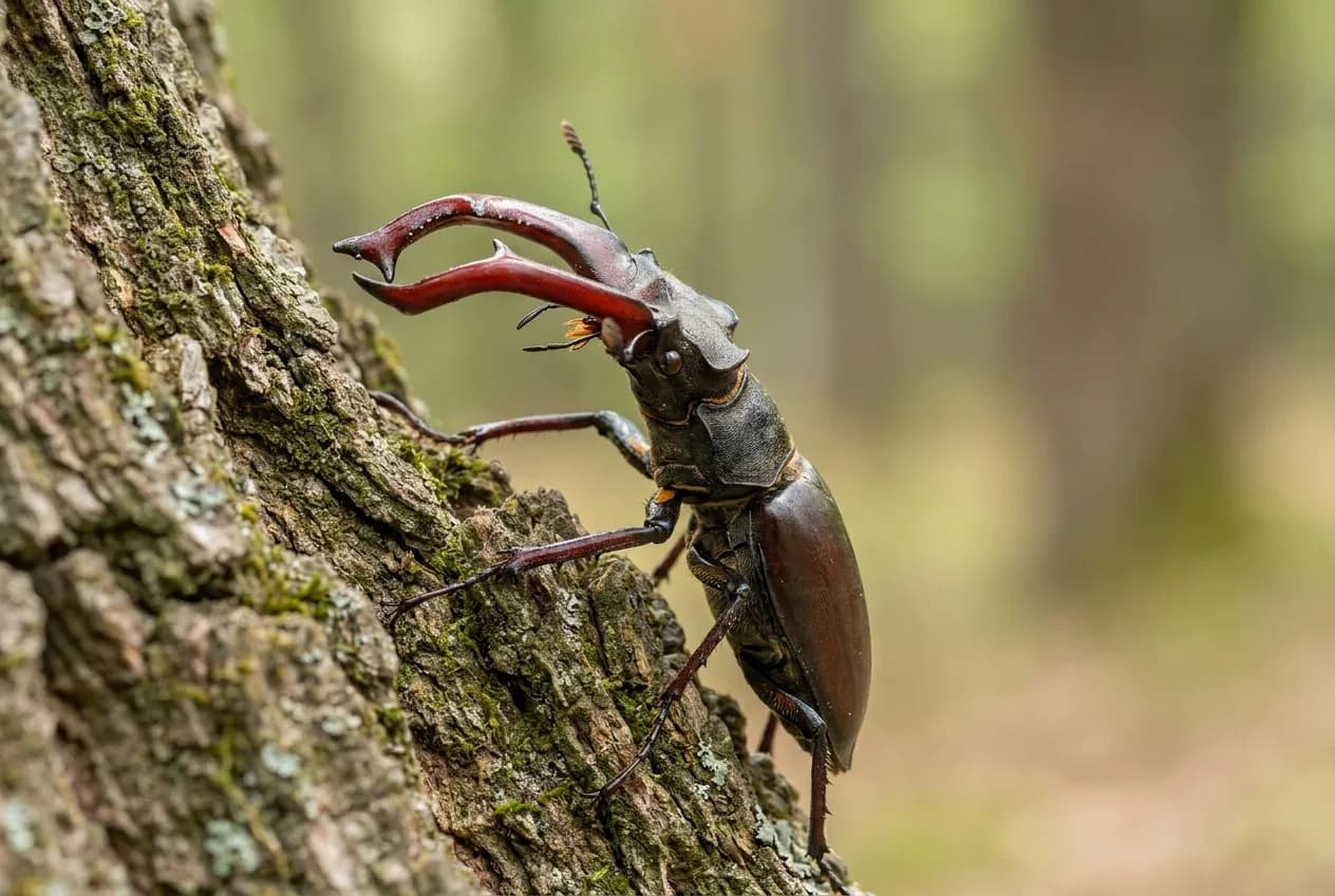 Ilustracija jelenka (Lucanus cervus) na hrastovoj kori